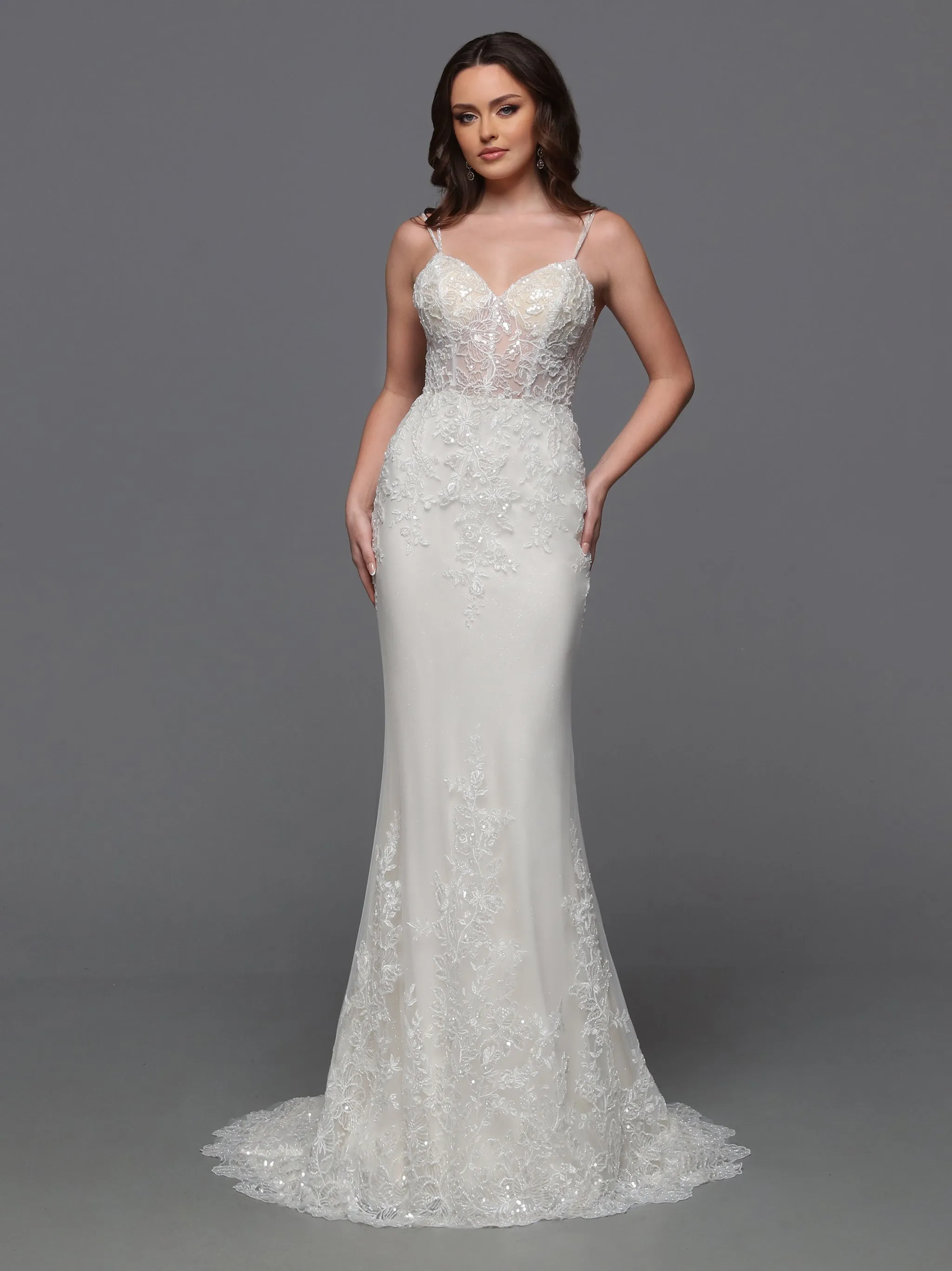 Davinci Bridal 50843 Size 12 Ivory Sheer Beaded Wedding Dress Detachable Overskirt sequin Bridal Gown